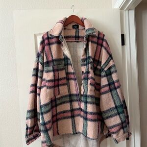 Vici Pink and Green Teddy Jacket Cozy Oversized Fit